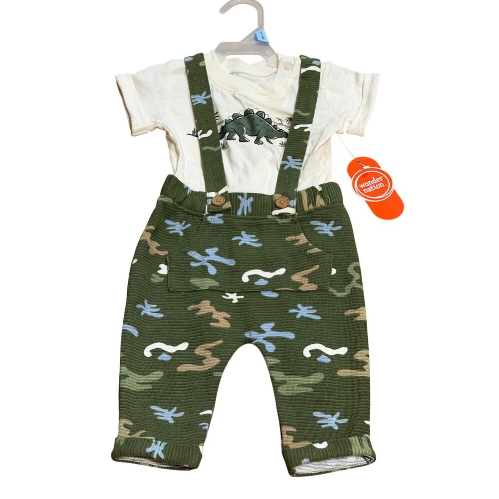 NWT Wonder Nation Baby Boys 3-6M 2-Piece Outfit‎ Set Dinosaur Shirt & Suspenders